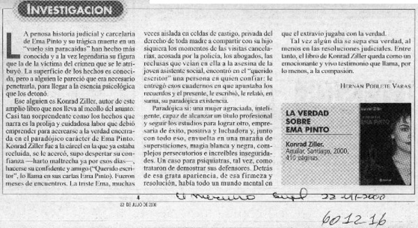 La verdad de Ema Pinto  [artículo] Hernán Poblete Varas