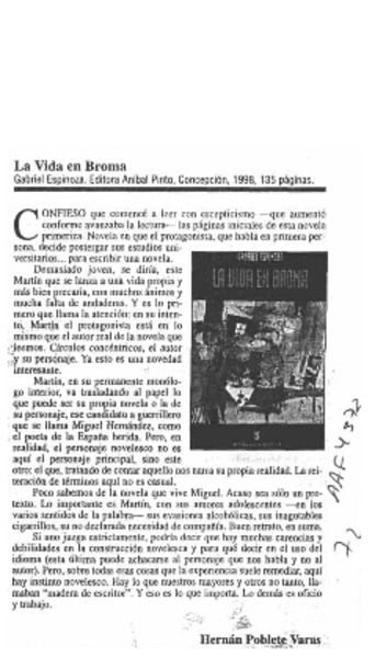 La vida en broma  [artículo] Hernán Poblete Varas.