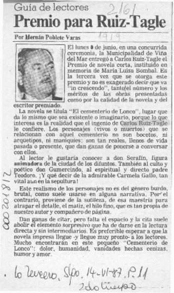 Premio para Ruiz Tagle  [artículo] Hernán Poblete Varas.