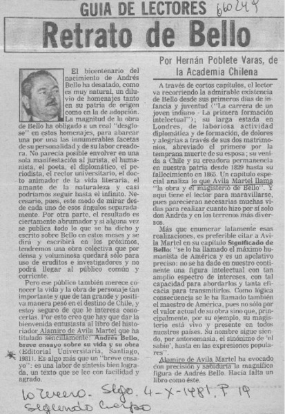 Retrato de Bello  [artículo] Hernán Poblete Varas.