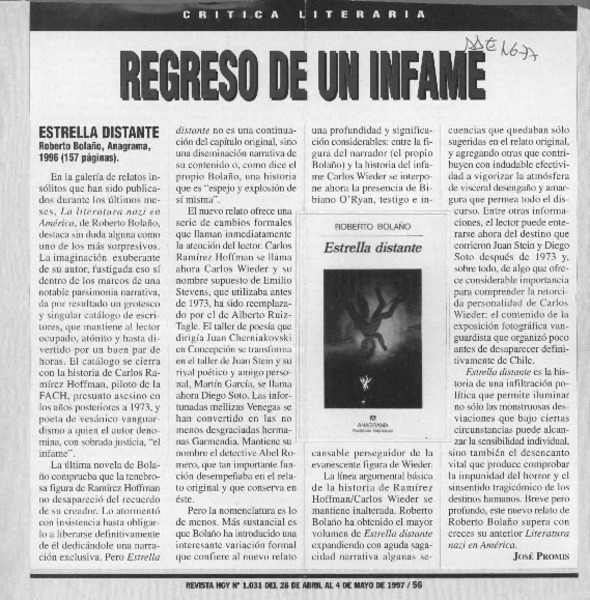 Regreso de un infame  [artículo] José Promis.