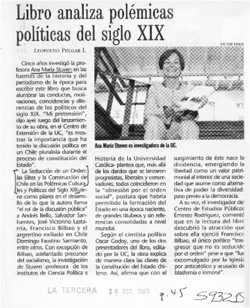 Libro analiza polémicas políticas del siglo XIX  [artículo] Leopoldo Pulgar I.