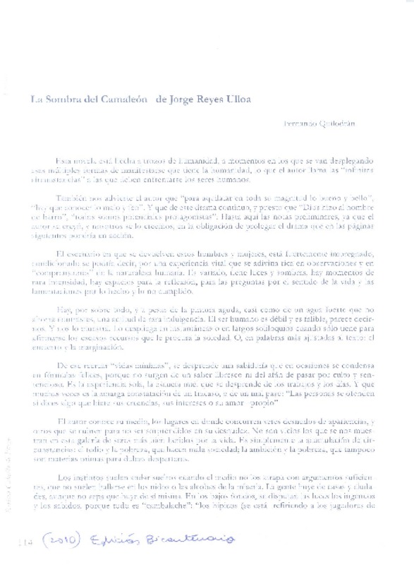 La sombra del camaleón de Jorge Reyes Ulloa  [artículo] Fernando Quilodrán.