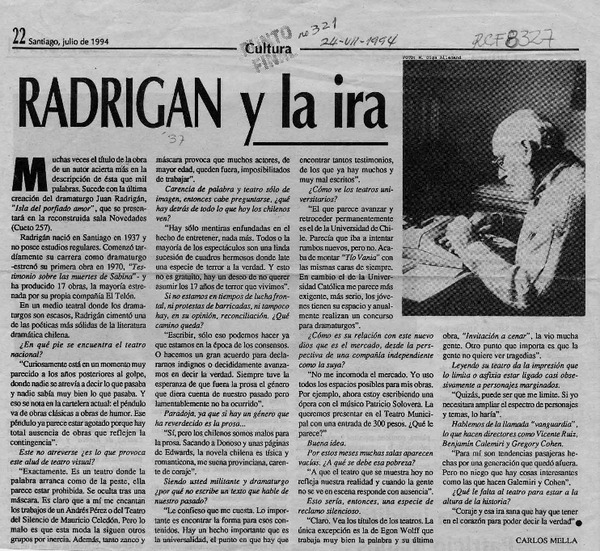 Radrigán y la ira  [artículo] Carlos Mella.