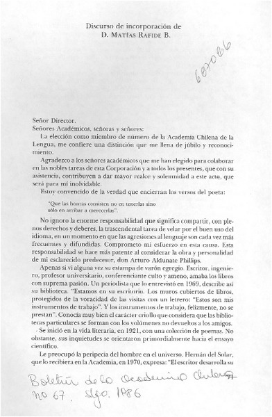 Discurso de incorporación de D. Matías Rafide B.