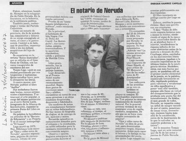 El notario de Neruda  [artículo] Enrique Ramírez Capello