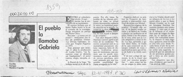 El pueblo la llamaba Gabriela  [artículo] Enrique Ramírez Capello.