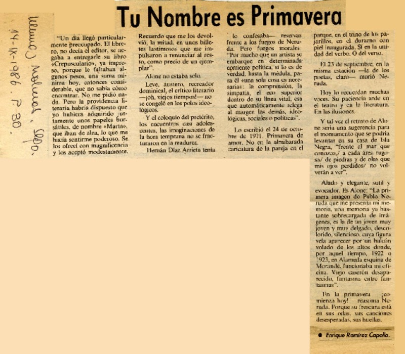 Tu nombre es primavera  [artículo] Enrique Ramírez Capello.