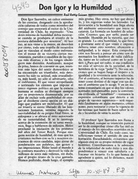 Don Igor y la humildad  [artículo] Raúl Rettig Guissen.