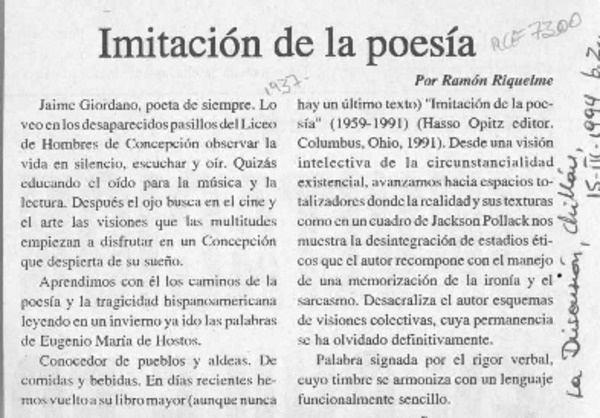 Imitación de la poesía  [artículo] Ramón Riquelme.