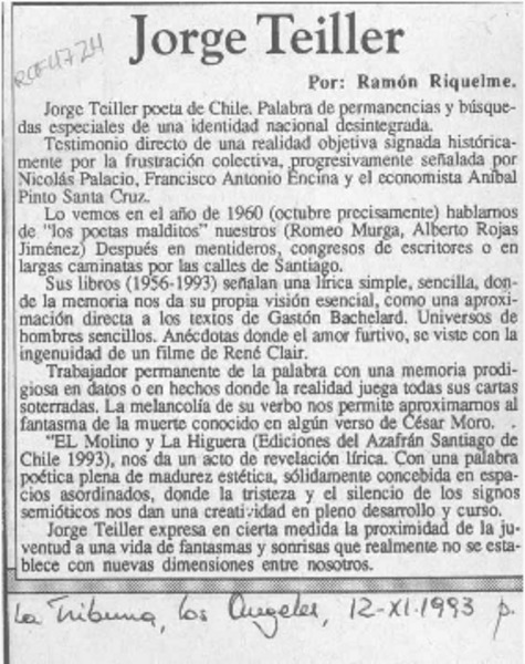 Jorge Teillier  [artículo] Ramón Riquelme.