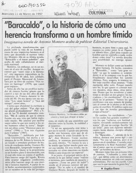 "Baracaldo", o la historia de cómo una herencia transforma a un hombre tímido  [artículo] Angélica Rivera.