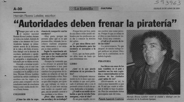 "Autoridades deben frenar la piratería"  [artículo] Pamela Izquierdo Contreras