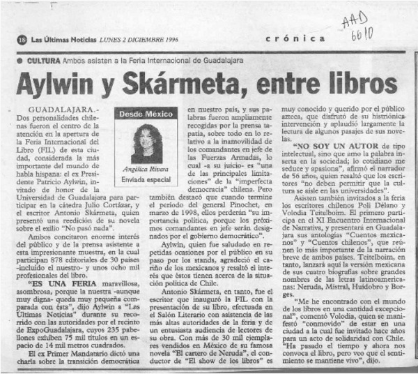 Aylwin y Skármeta, entre libros  [artículo] Angélica Rivera.