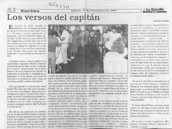 Los versos del capitán  [artículo] Lautaro Robles.