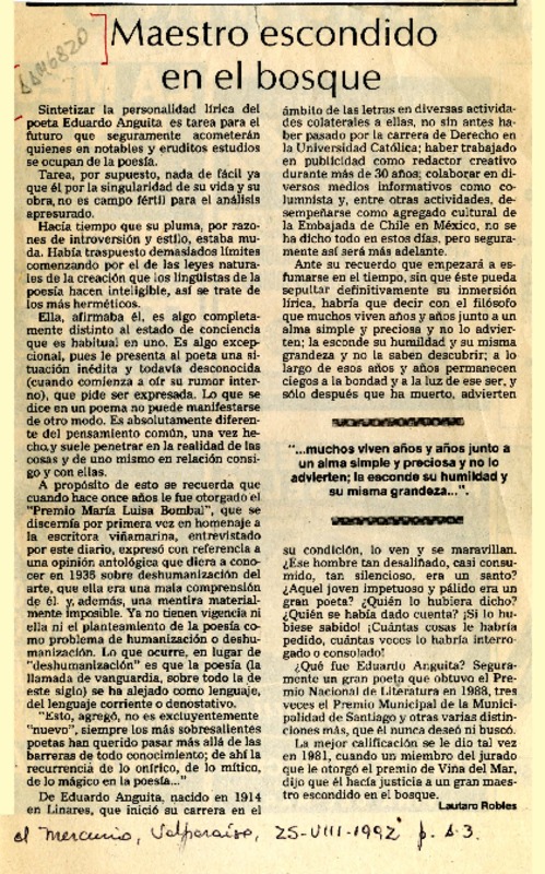 Maestro escondido en el bosque  [artículo] Lautaro Robles.