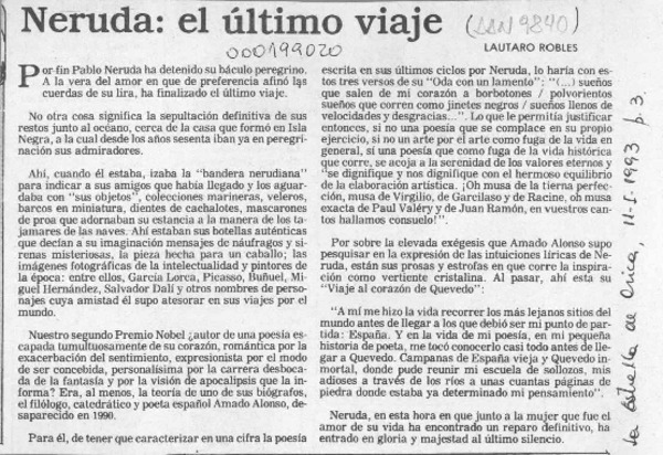 Neruda, el último viaje  [artículo] Lautaro Robles.