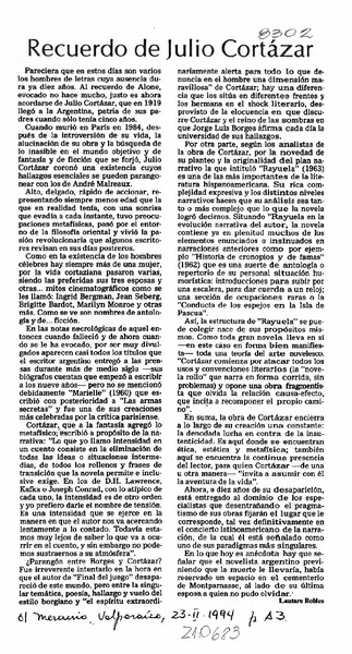 Recuerdo de Julio Cortázar  [artículo] Lautaro Robles.