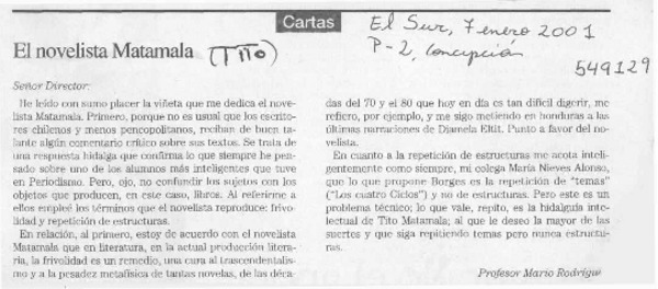 El novelista Matamala  [artículo] Mario Rodríguez