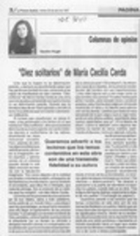 "Diez solitarios" de María Cecilia Cerda  [artículo] Sandra Rogel.