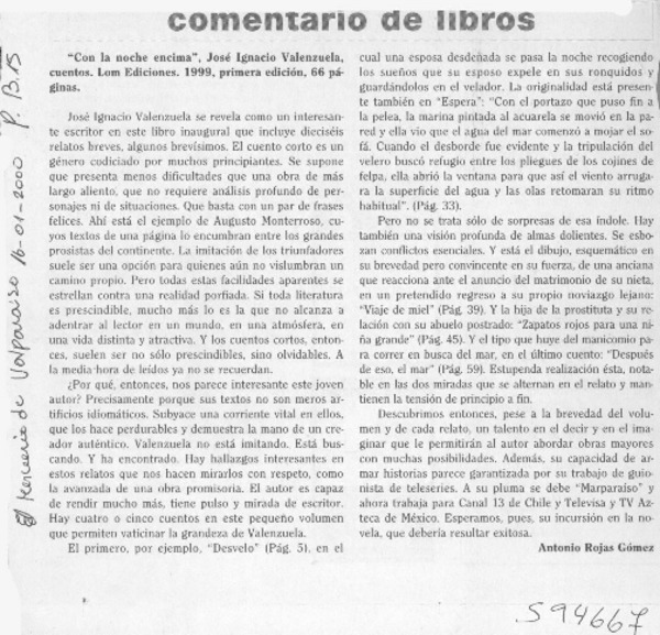 Con la noche encima  [artículo] Antonio Rojas Gómez