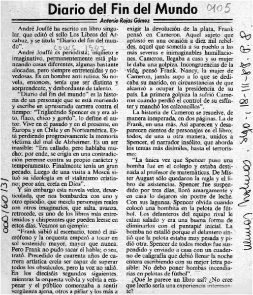 Diario del fin del mundo  [artículo] Antonio Rojas Gómez.