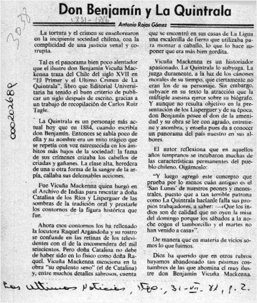 Don Benjamín y la Quintrala  [artículo] Antonio Rojas Gómez.