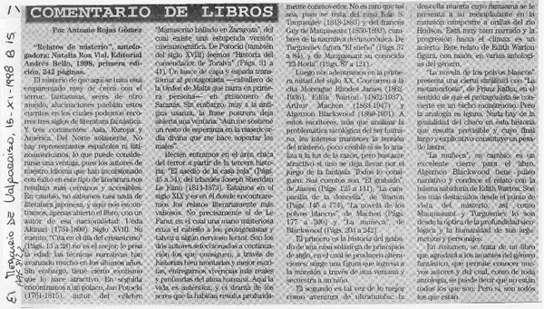 "Relatos de misterio"  [artículo] Antonio Rojas Gómez.