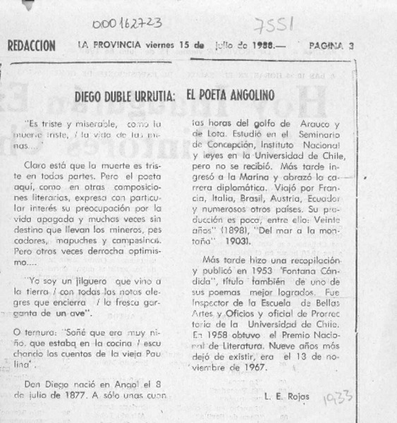 Diego Dublé Urrutia, el poeta angolino  [artículo] L. E. Rojas.