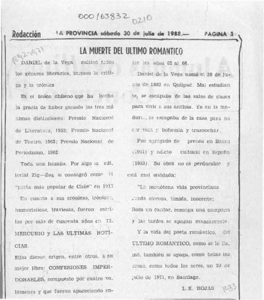 La muerte del último romántico  [artículo] L. E. Rojas.