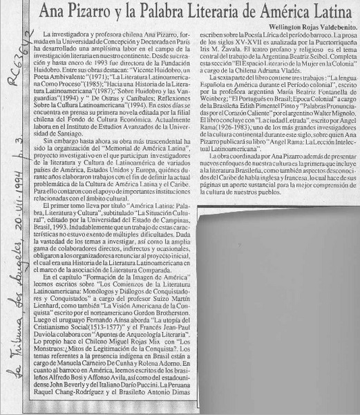 Ana Pizarro y la palabra literaria de América Latina  [artículo] Wellington Rojas Valdebenito.