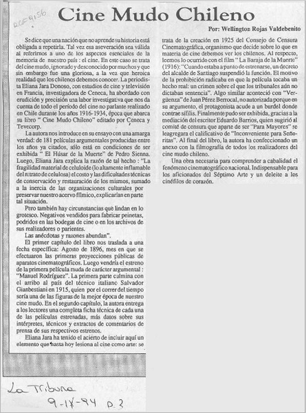 Cine mudo chileno  [artículo] Wellington Rojas Valdebenito.