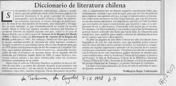 Diccionario de la literatura chilena  [artículo] Wellington Rojas Valdebenito.