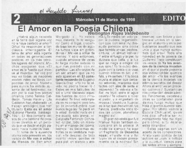 El amor en la poesía chilena  [artículo] Wellington Rojas Valdebenito.