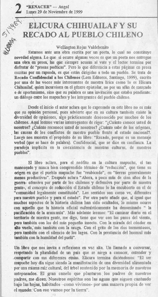 Elicura Chihuailaf y su recado el pueblo chleno  [artículo] Wellington Rojas Valdebenito