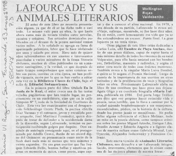 Lafourcade y sus animales literarios  [artículo] Wellington Rojas Valdebenito