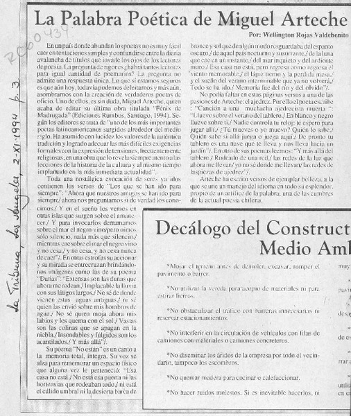 La palabra poética de Miguel Arteche  [artículo] Wellington Rojas Valdebenito.