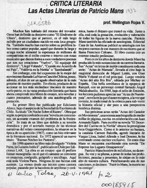Las actas literarias de Patricio Manns  [artículo] Wellington Rojas V.