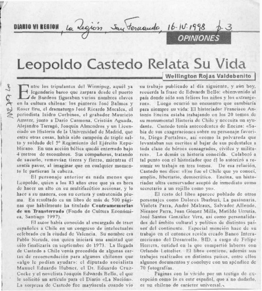 Leopoldo Castedo relata su vida  [artículo] Wellington Rojas Valdebenito.