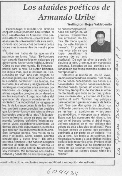 Los ataúdes poéticos de Armando Uribe  [artículo] Wellington Rojas Valdebenito