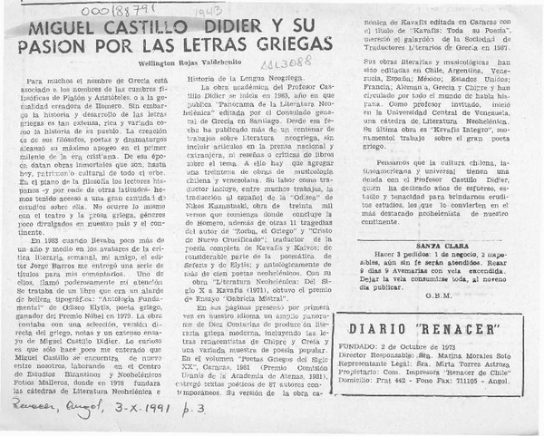 Miguel Castillo Didier y su pasión por las letras griegas  [artículo] Wellington Rojas Valdebenito.