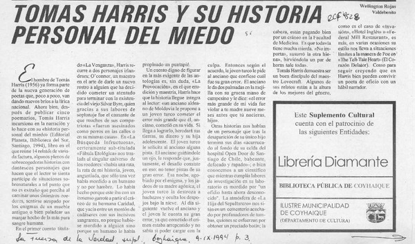 Tomás Harris y su historia del miedo Wellington Rojas Valdebenito.