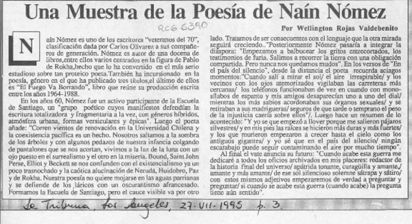 Una muestra de la poesía de Naín Nómez  [artículo] Wellington Rojas Valdebenito.