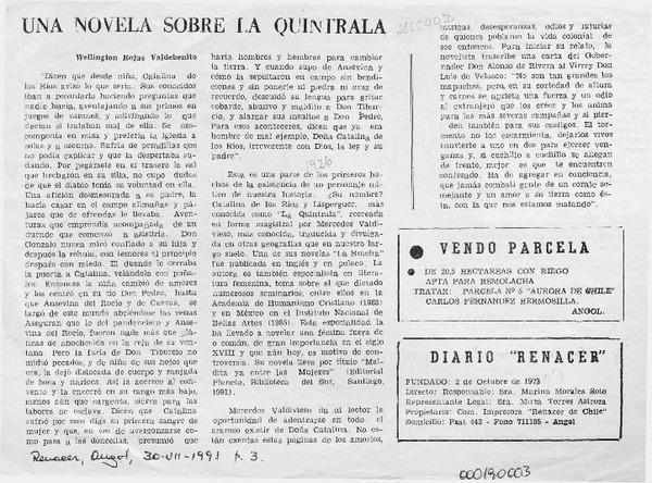 Una novela sobre la Quintrala  [artículo] Wellington Rojas Valdebenito.