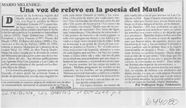 Una voz de relevo en la poesía del Maule  [artículo] Wellington Rojas Valdebenito