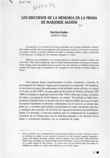 Los discursos de la memoria en la prosa de Marjorie Agosín  [artículo] Patricia Rubio.