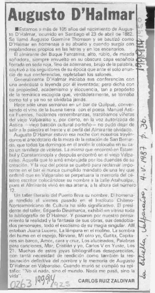Augusto D'Halmar  [artículo] Carlos Ruiz Zaldívar.