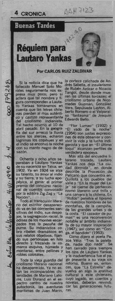 Réquiem para Lautaro Yankas  [artículo] Carlos Ruiz Zaldívar.