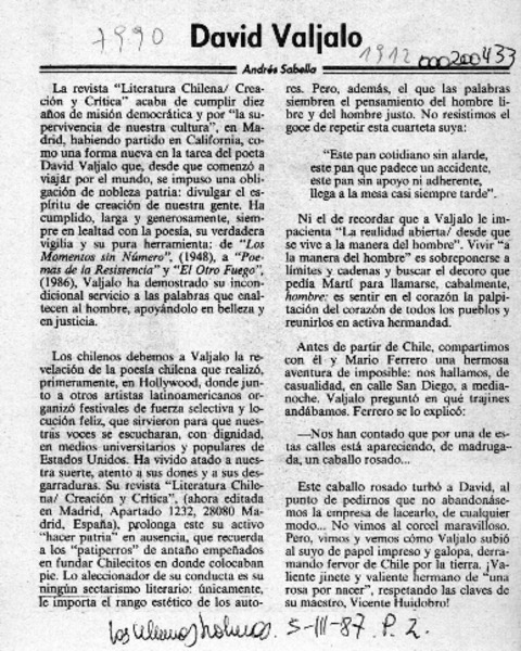 David Valjalo  [artículo] Andrés Sabella.