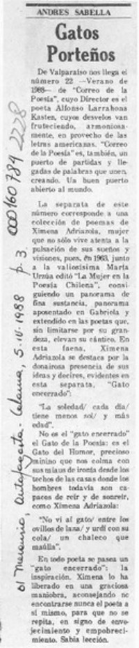 Gatos porteños  [artículo] Andrés Sabella.